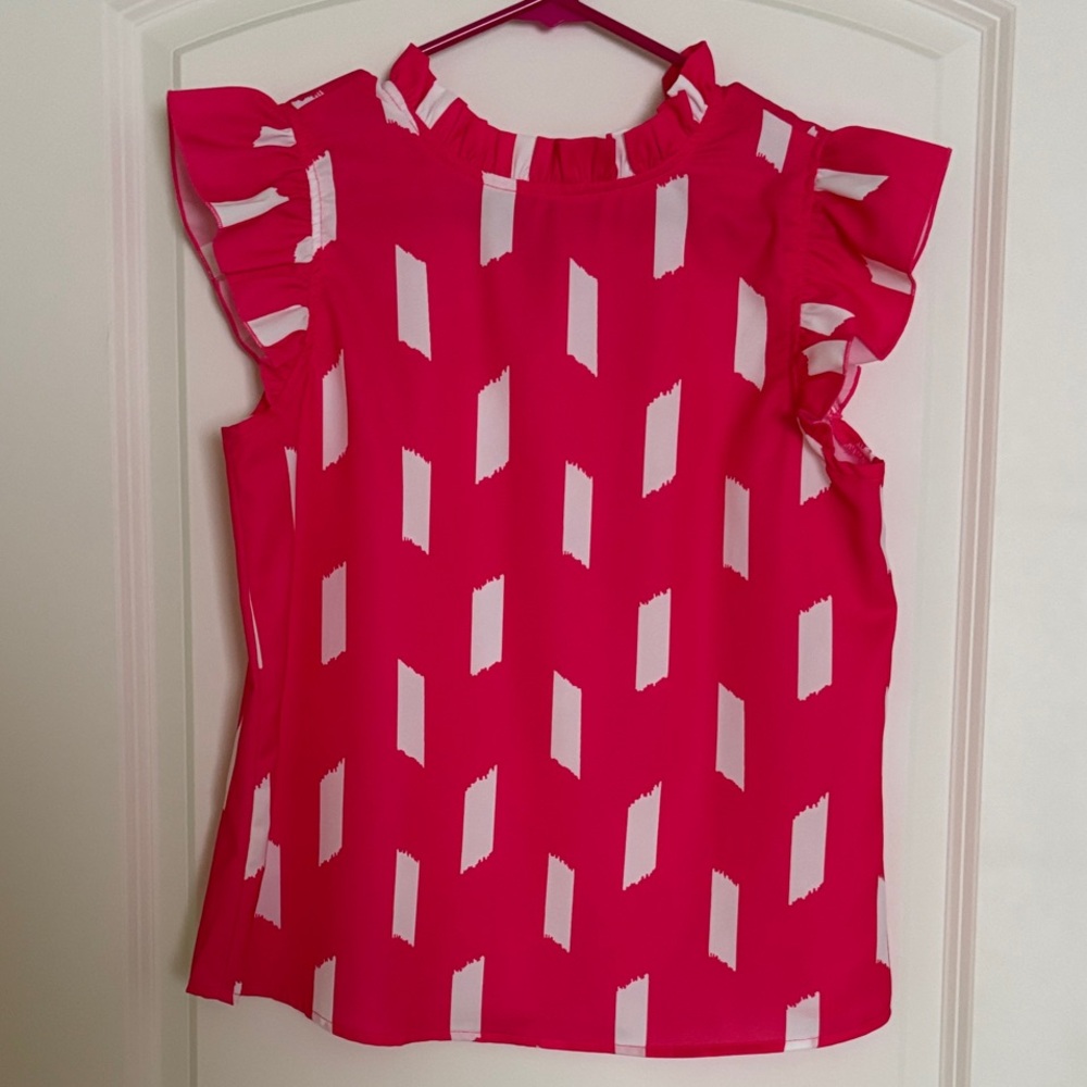 SHEIN Hot Pink & White Ruffle Sleeve Geometric Shirt